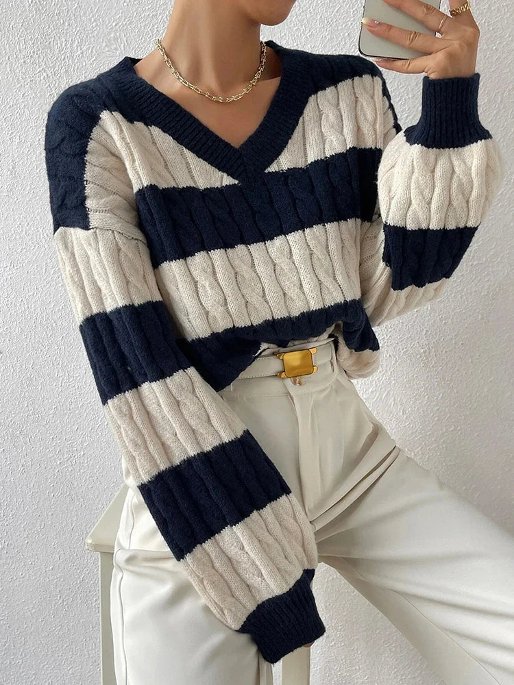 Striped Soft Knit V-Neck Sweater