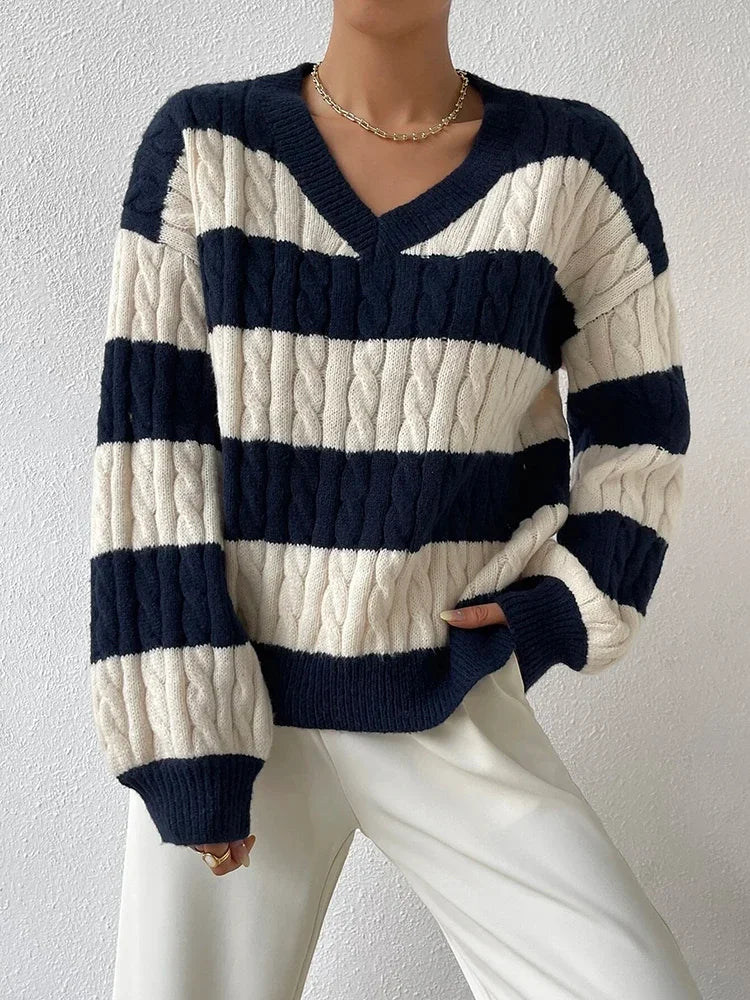 Striped Soft Knit V-Neck Sweater