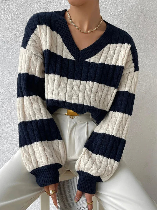Striped Soft Knit V-Neck Sweater