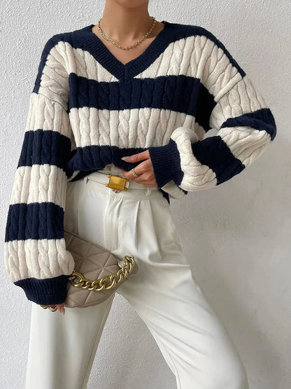 Striped Soft Knit V-Neck Sweater